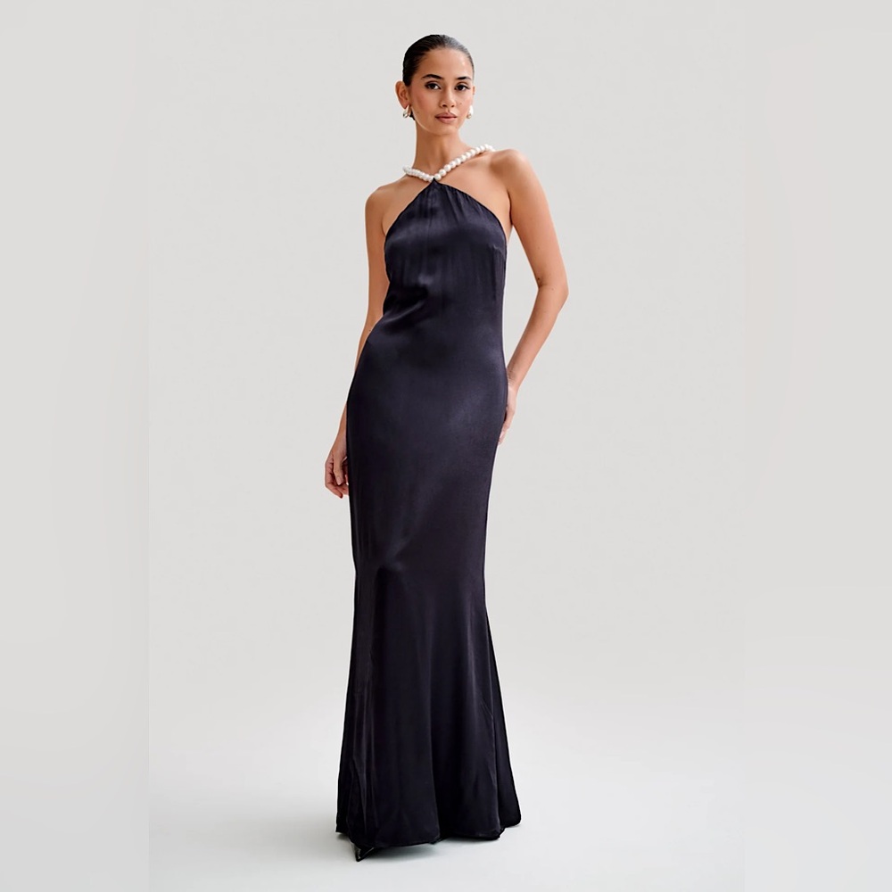 BLANCHE -Satin Pearl Halter Maxi Dress